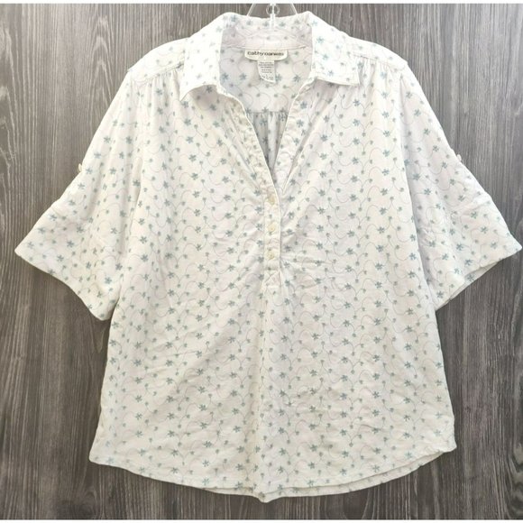 Cathy Daniels Women's Large Button Down Roll Tab Sleeve Blue White Micro Floral - Picture 2 of 10